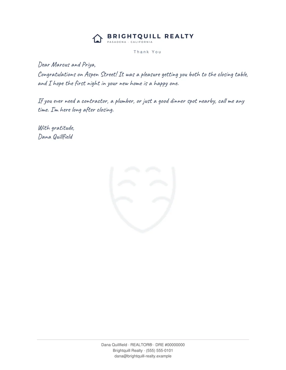 A real print render of a sample thank-you letter on Brightquill Realty letterhead: the logo at the top, a short letter to Marcus and Priya in the Quick handwriting style, and three contact lines at the foot of the page.