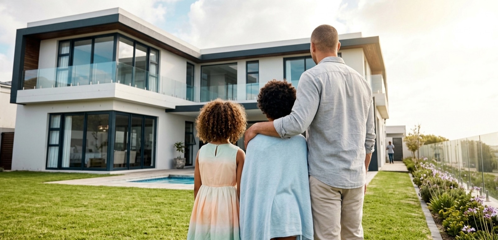 A family stands on the lawn, looking up at their new home.